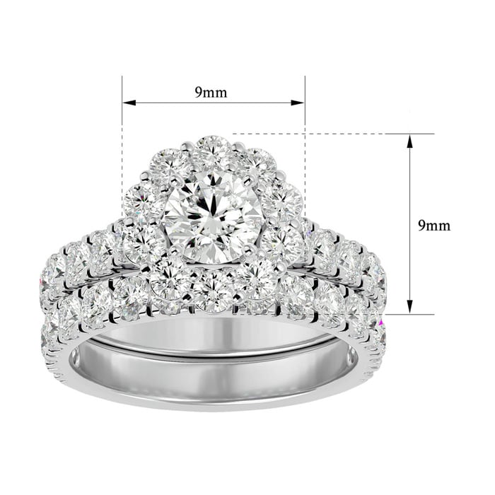 Moissanite Engagement Ring; 3 Carat Halo Moissanite Bridal Set In 14 Karat White Gold