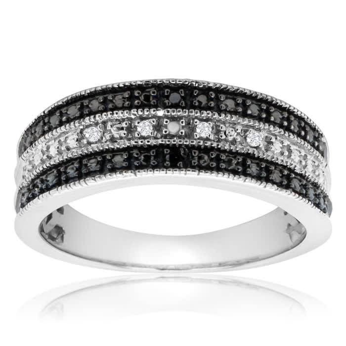 0.05 Carat Black and White Diamond Crossover Band Ring In Sterling Silver. 80% Lower Than Sold In Stores!