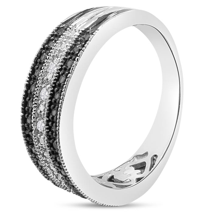 0.05 Carat Black and White Diamond Crossover Band Ring In Sterling Silver. 80% Lower Than Sold In Stores!