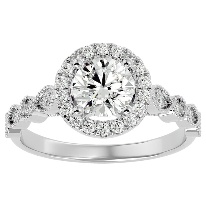 Moissanite Engagement Ring; 1 1/3 Carat Halo Moissanite Engagement Ring In 14 Karat White Gold