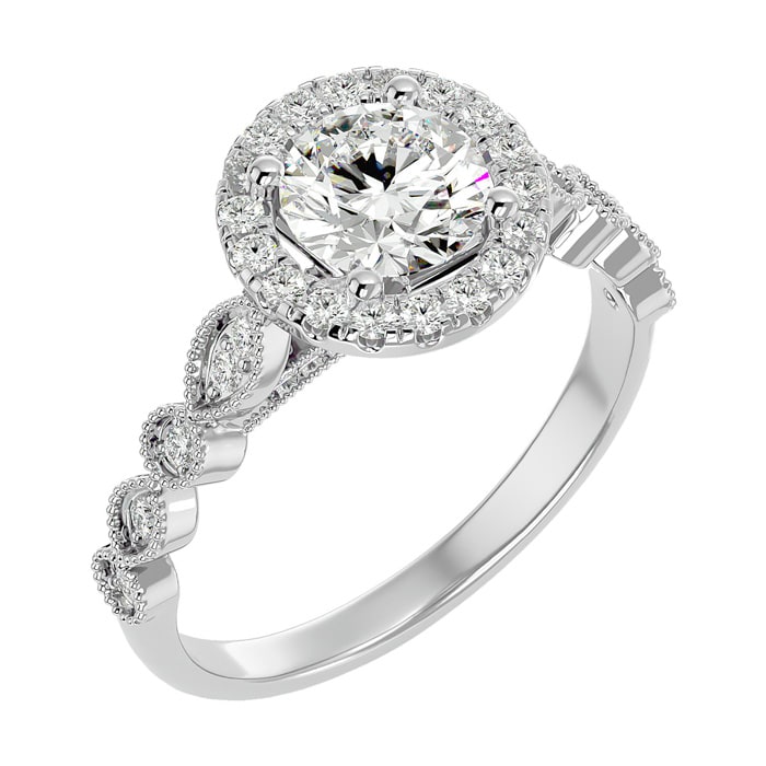 Moissanite Engagement Ring; 1 1/3 Carat Halo Moissanite Engagement Ring In 14 Karat White Gold