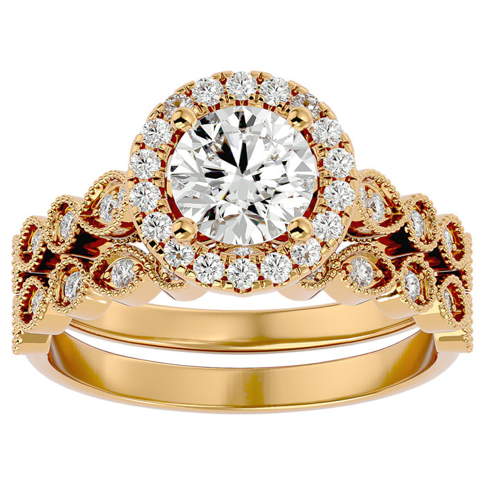 1 1/2 Carat Halo Diamond Bridal Set In 14 Karat Yellow Gold