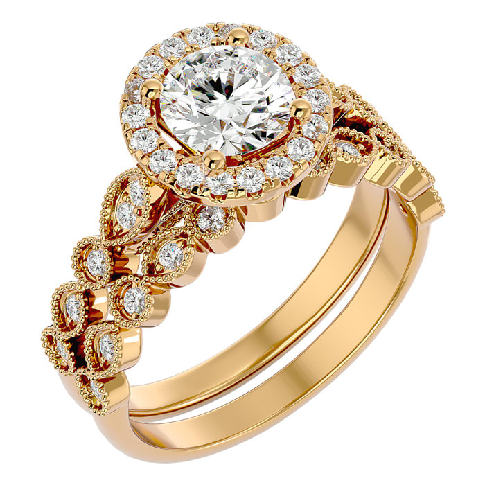 1 1/2 Carat Halo Diamond Bridal Set In 14 Karat Yellow Gold