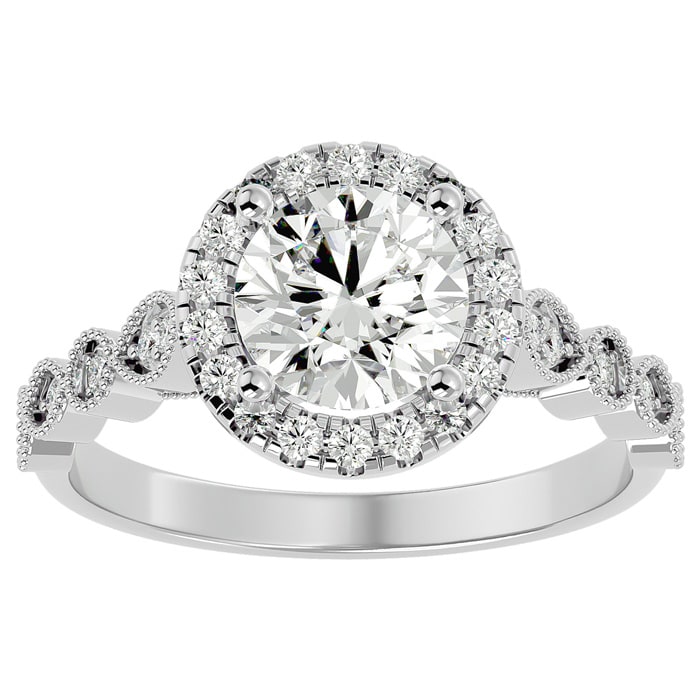 Moissanite Engagement Ring; 1 3/4 Carat Halo Moissanite Engagement Ring In 14 Karat White Gold