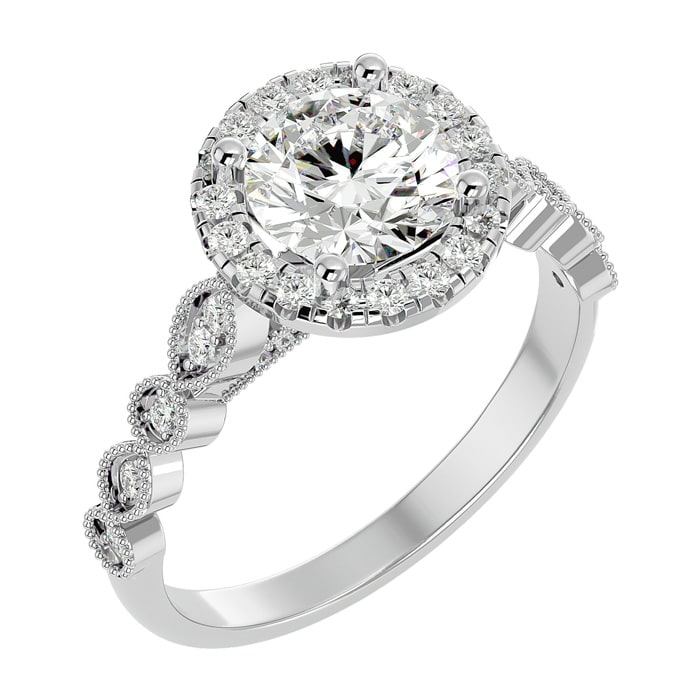 Moissanite Engagement Ring; 1 3/4 Carat Halo Moissanite Engagement Ring In 14 Karat White Gold