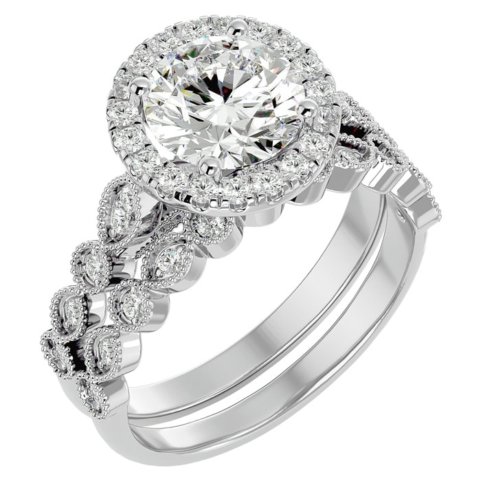 Moissanite Engagement Ring; 2 1/2 Carat Halo Moissanite Bridal Set In 14 Karat White Gold