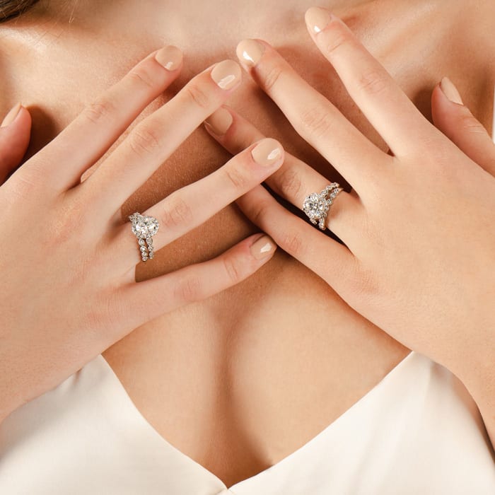 Moissanite Engagement Ring; 2 1/2 Carat Halo Moissanite Bridal Set In 14 Karat White Gold