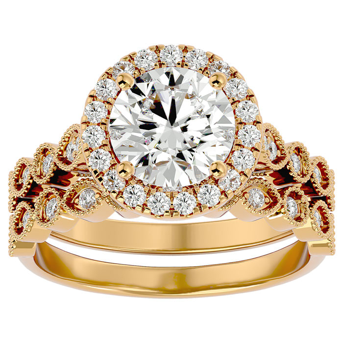 Moissanite Engagement Ring; 2 1/2 Carat Halo Moissanite Bridal Set In 14 Karat Yellow Gold