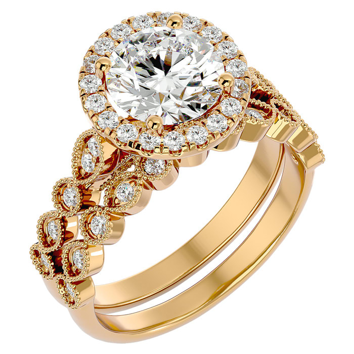 Moissanite Engagement Ring; 2 1/2 Carat Halo Moissanite Bridal Set In 14 Karat Yellow Gold