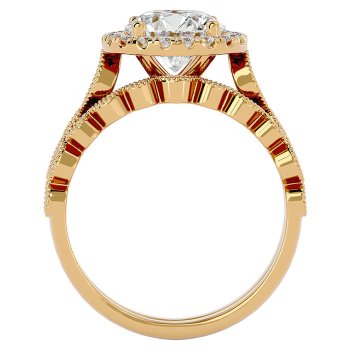 Moissanite Engagement Ring; 2 1/2 Carat Halo Moissanite Bridal Set In 14 Karat Yellow Gold