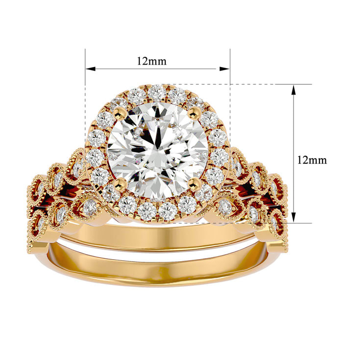 Moissanite Engagement Ring; 2 1/2 Carat Halo Moissanite Bridal Set In 14 Karat Yellow Gold
