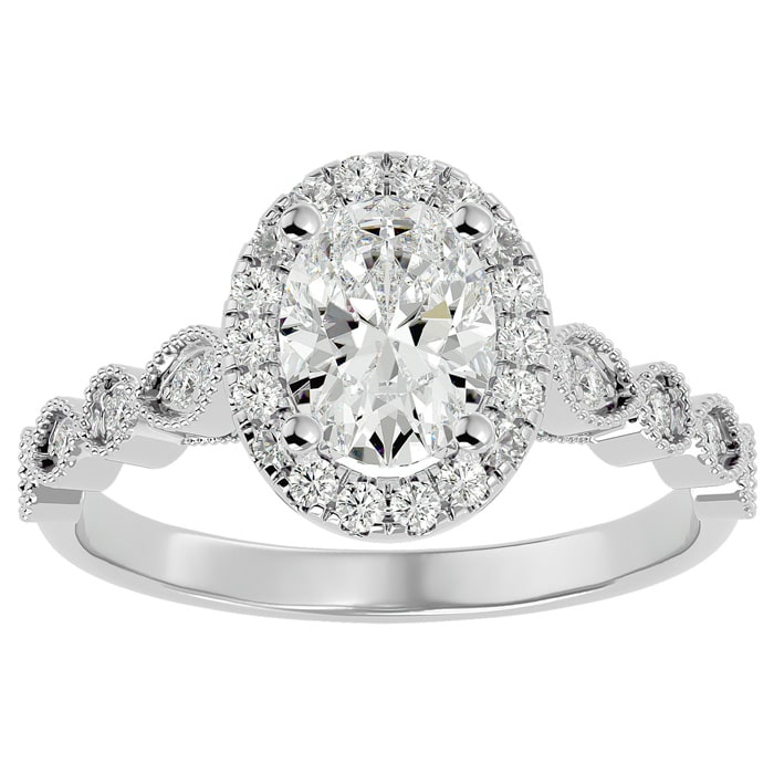 Moissanite Engagement Ring; 1 1/3 Carat Oval Shape Moissanite Engagement Ring In 14 Karat White Gold