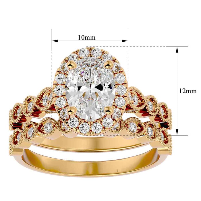 Moissanite Engagement Ring; 2 Carat Oval Shape Moissanite Bridal Set In 14 Karat Yellow Gold