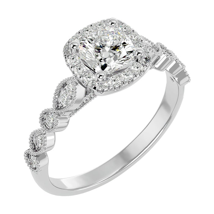 Moissanite Engagement Ring; 1 1/3 Carat Cushion Cut Moissanite Engagement Ring In 14 Karat White Gold