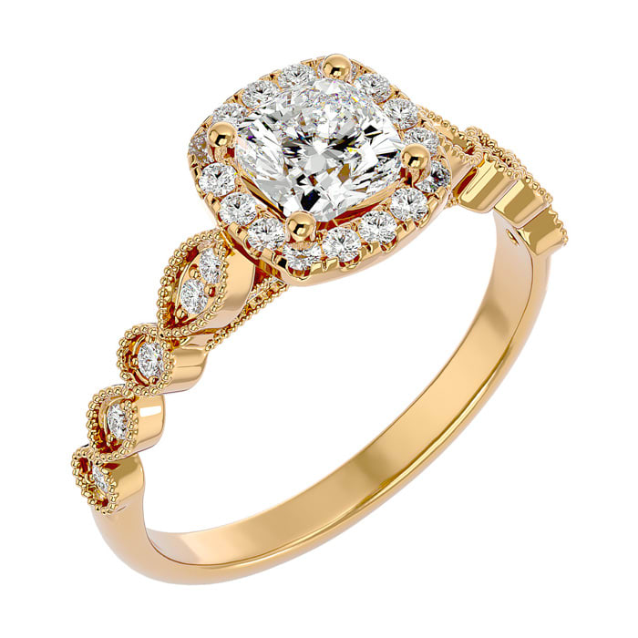 Moissanite Engagement Ring; 1 1/3 Carat Cushion Cut Moissanite Engagement Ring In 14 Karat Yellow Gold