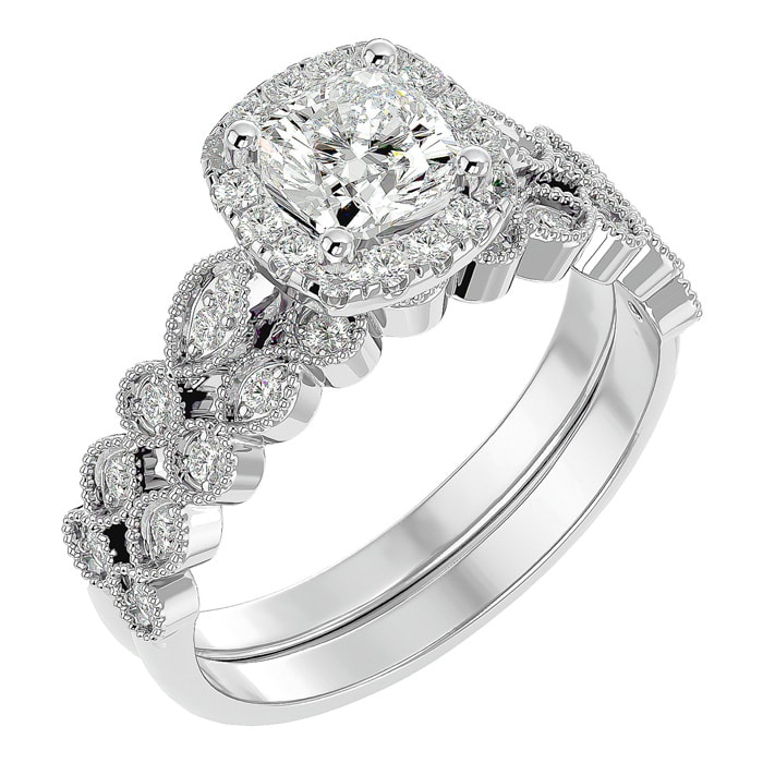 Moissanite Engagement Ring; 1 1/2 Carat Cushion Cut Moissanite Bridal Set In 14 Karat White Gold