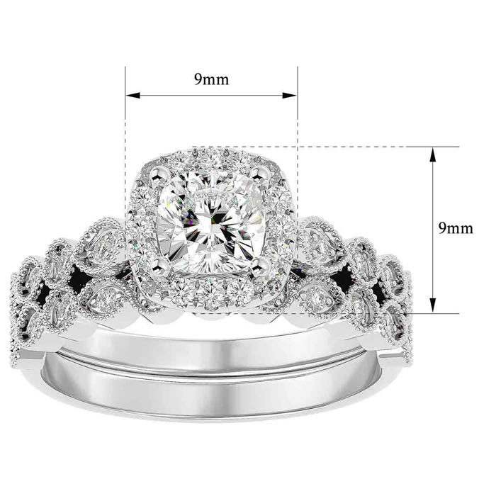 Moissanite Engagement Ring; 1 1/2 Carat Cushion Cut Moissanite Bridal Set In 14 Karat White Gold