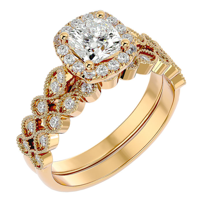 Moissanite Engagement Ring; 1 1/2 Carat Cushion Cut Moissanite Bridal Set In 14 Karat Yellow Gold