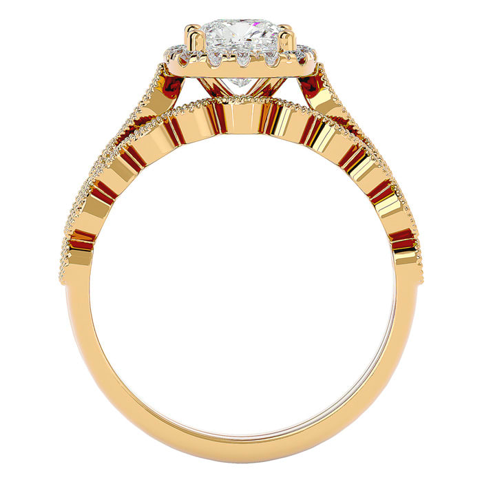 Moissanite Engagement Ring; 1 1/2 Carat Cushion Cut Moissanite Bridal Set In 14 Karat Yellow Gold
