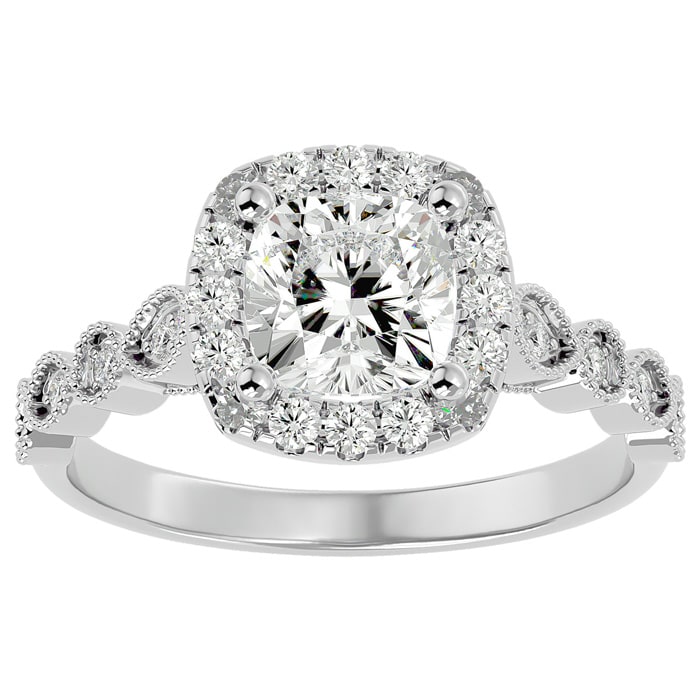 Moissanite Engagement Ring; 1 3/4 Carat Cushion Cut Moissanite Engagement Ring In 14 Karat White Gold
