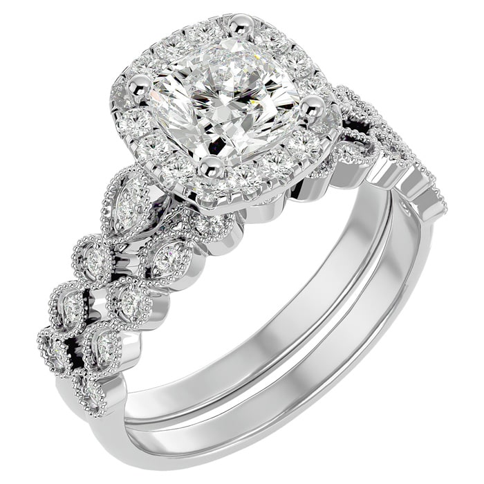 Moissanite Engagement Ring; 2 Carat Cushion Cut Moissanite Bridal Set In 14 Karat White Gold