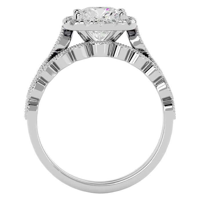 Moissanite Engagement Ring; 2 Carat Cushion Cut Moissanite Bridal Set In 14 Karat White Gold
