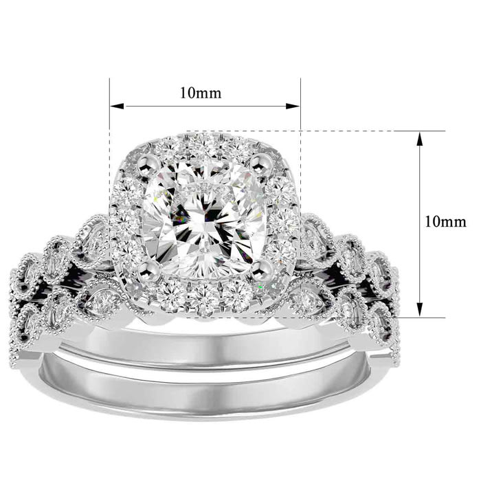 Moissanite Engagement Ring; 2 Carat Cushion Cut Moissanite Bridal Set In 14 Karat White Gold