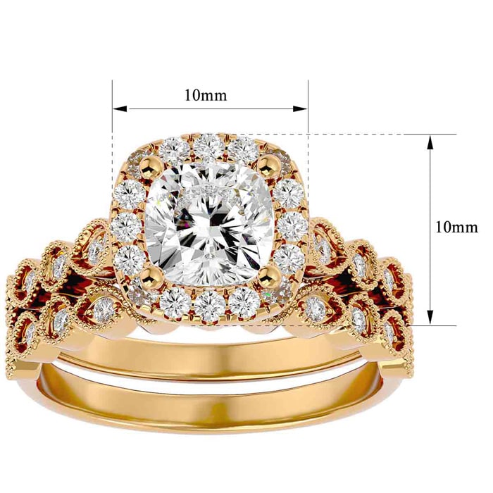 Moissanite Engagement Ring; 2 Carat Cushion Cut Moissanite Bridal Set In 14 Karat Yellow Gold