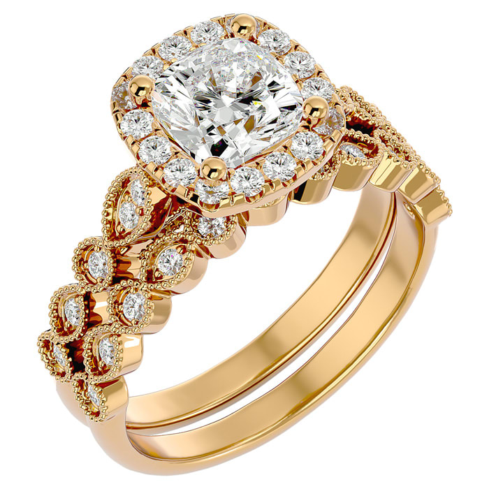 2 Carat Cushion Cut Diamond Bridal Set In 14 Karat Yellow Gold