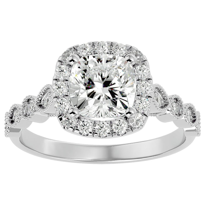 Moissanite Engagement Ring; 2 1/2 Carat Cushion Cut Moissanite Engagement Ring In 14 Karat White Gold