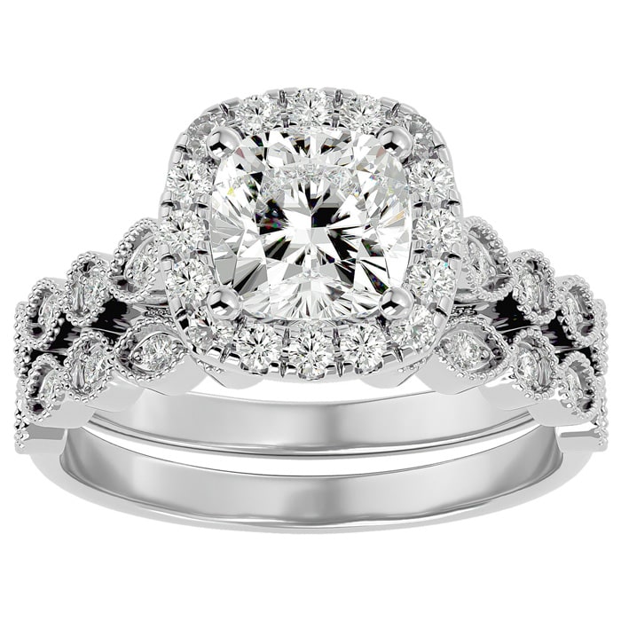 Moissanite Engagement Ring; 2 1/2 Carat Cushion Cut Moissanite Bridal Set In 14 Karat White Gold