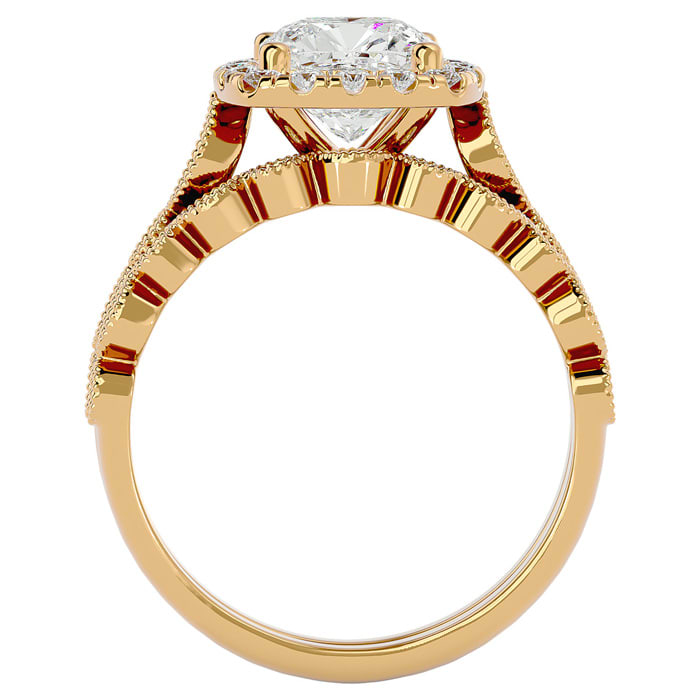 Moissanite Engagement Ring; 2 1/2 Carat Cushion Cut Moissanite Bridal Set In 14 Karat Yellow Gold