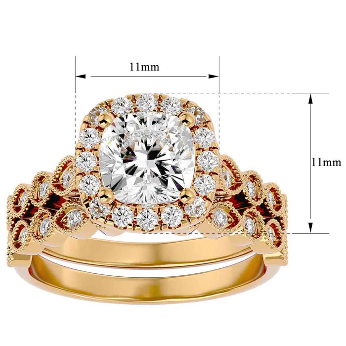 Moissanite Engagement Ring; 2 1/2 Carat Cushion Cut Moissanite Bridal Set In 14 Karat Yellow Gold