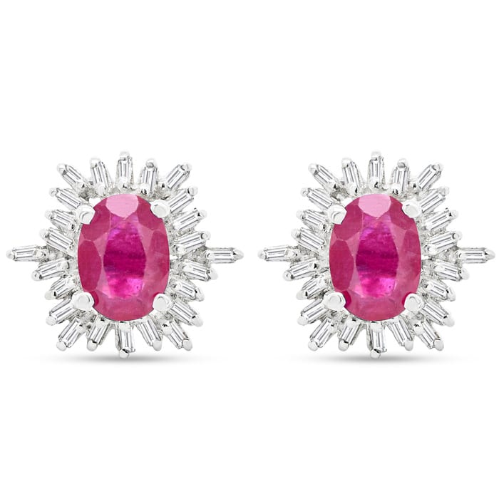 2 1/2 Carat Ruby and Baguette Diamond Stud Earrings In Sterling Silver