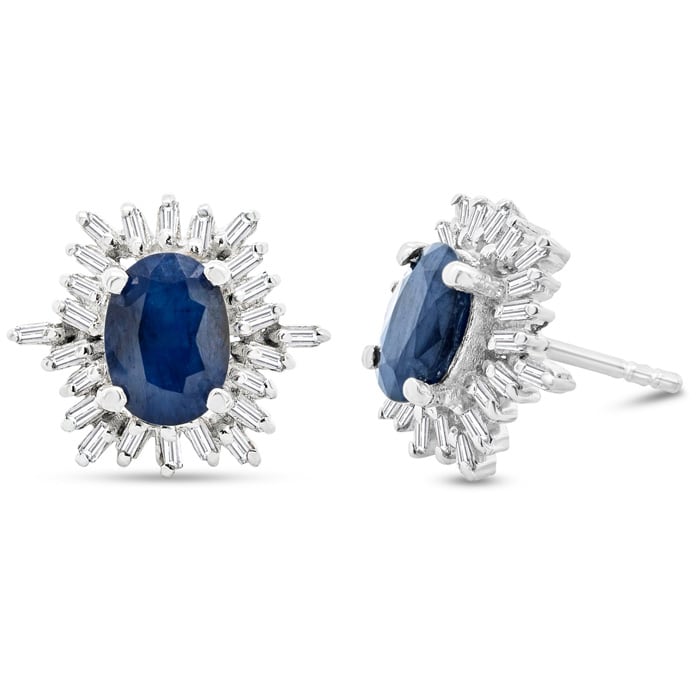 2 1/2 Carat Sapphire and Baguette Diamond Stud Earrings In Sterling Silver