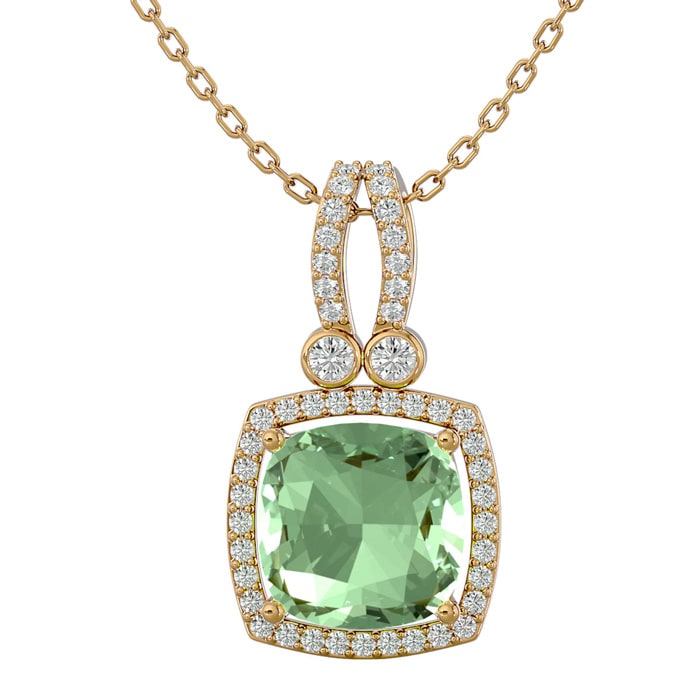 3 Carat Cushion Cut Green Amethyst and Halo Diamond Necklace In 14 Karat Yellow Gold, 18 Inches