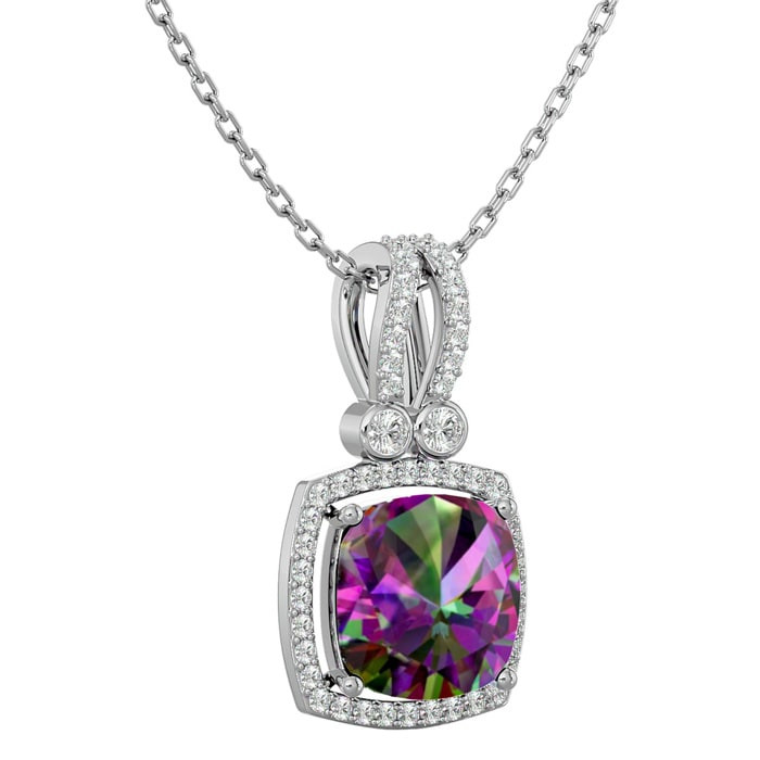 3-3/4 Carat Cushion Shape Mystic Topaz Necklace With Diamond Halo In 14 Karat White Gold, 18 Inches