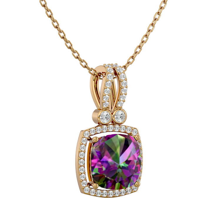 3-3/4 Carat Cushion Shape Mystic Topaz Necklace With Diamond Halo In 14 Karat Yellow Gold, 18 Inches