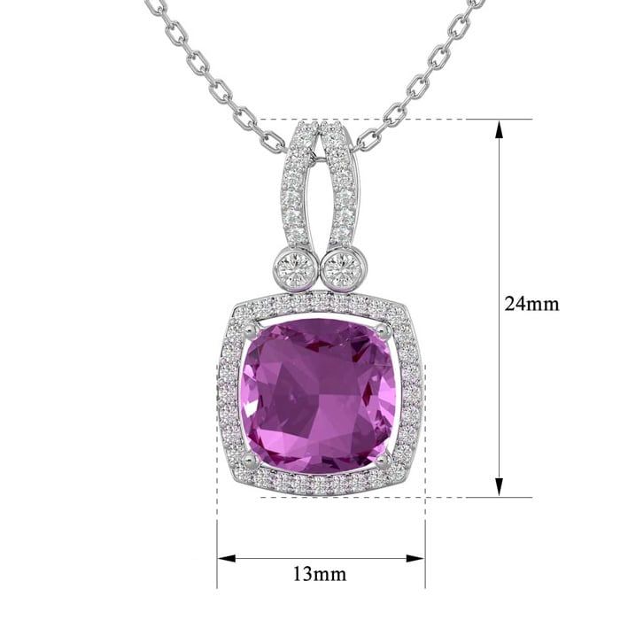 3 3/4 Carat Cushion Cut Pink Topaz and Halo Diamond Necklace In 14 Karat White Gold, 18 Inches