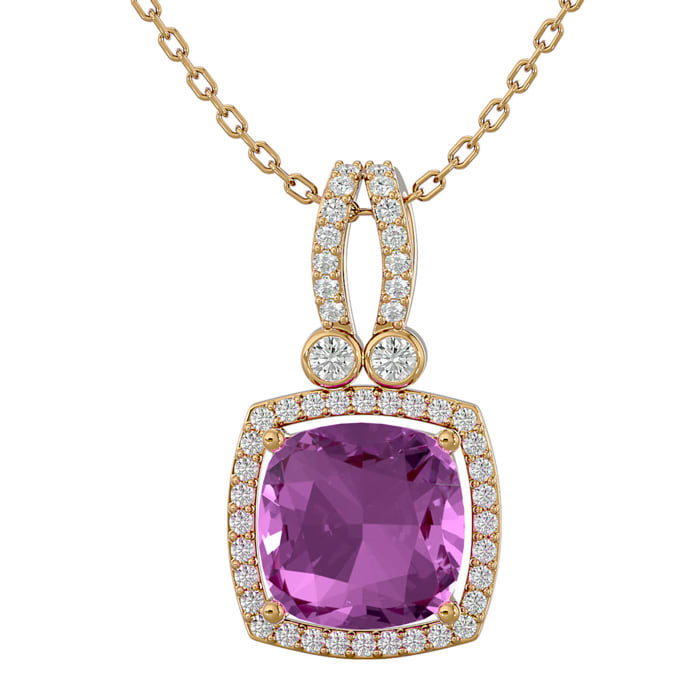 3 3/4 Carat Cushion Cut Pink Topaz and Halo Diamond Necklace In 14 Karat Yellow Gold, 18 Inches