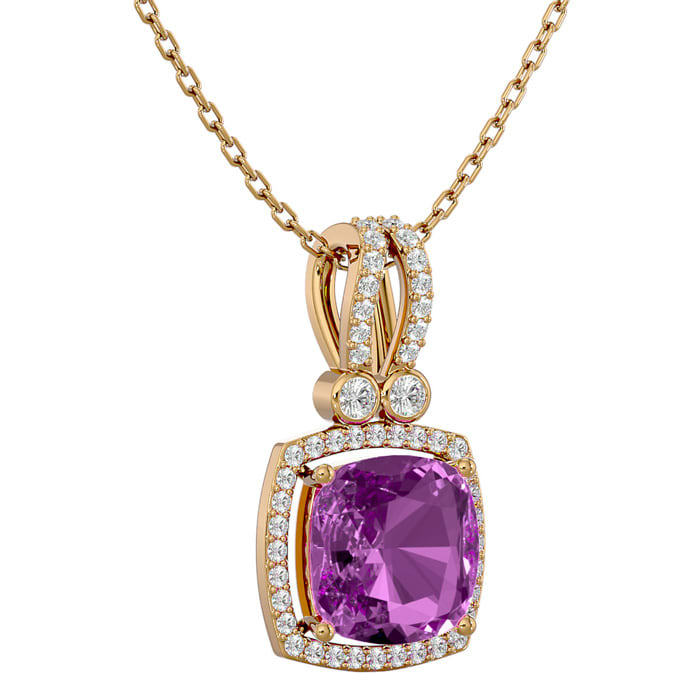 3 3/4 Carat Cushion Cut Pink Topaz and Halo Diamond Necklace In 14 Karat Yellow Gold, 18 Inches