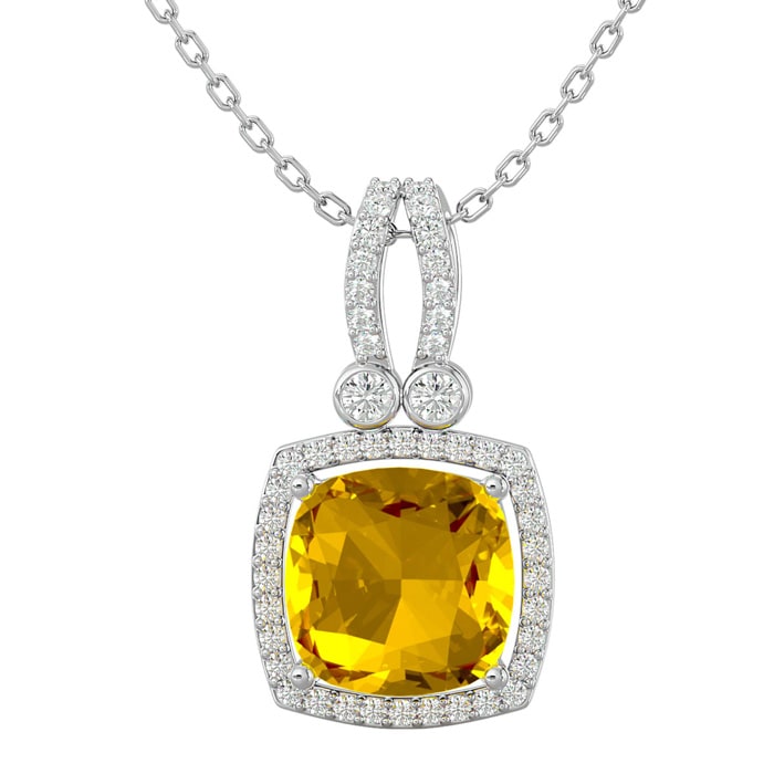 3 Carat Cushion Cut Citrine and Halo Diamond Necklace In 14 Karat White Gold, 18 Inches