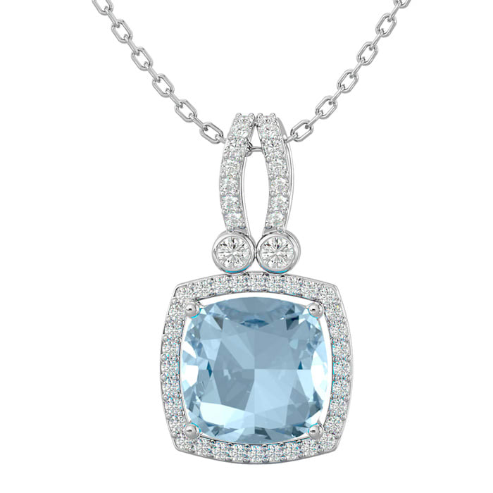 3 Carat Cushion Cut Aquamarine and Halo Diamond Necklace In 14 Karat White Gold 18 Inches