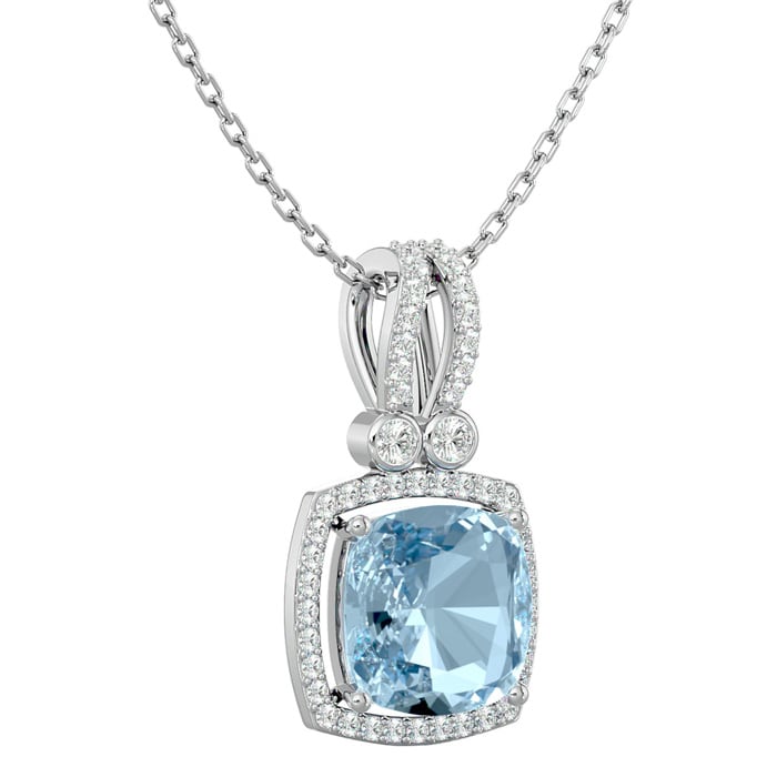 Aquamarine Necklace: Aquamarine Jewelry: 3 Carat Cushion Cut Aquamarine and Halo Diamond Necklace In 14 Karat White Gold, 18 Inches