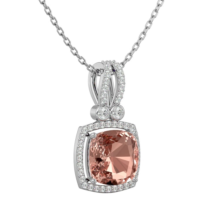 3-1/3 Carat Cushion Shape Morganite With Diamond Halo In 14 Karat White Gold With 18 Inch Chain
