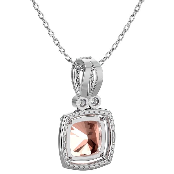 3-1/3 Carat Cushion Shape Morganite With Diamond Halo In 14 Karat White Gold With 18 Inch Chain