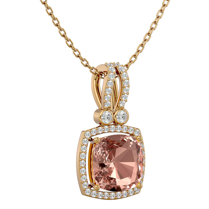 3-1/3 Carat Cushion Shape Morganite With Diamond Halo In 14 Karat Yellow Gold With 18 Inch Chain