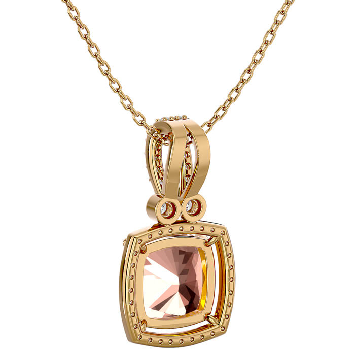 3-1/3 Carat Cushion Shape Morganite With Diamond Halo In 14 Karat Yellow Gold With 18 Inch Chain