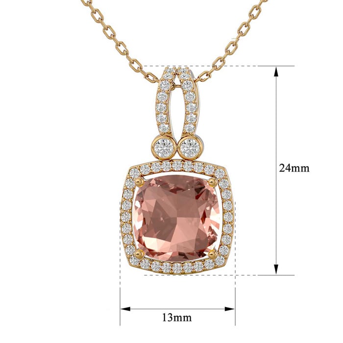 3-1/3 Carat Cushion Shape Morganite With Diamond Halo In 14 Karat Yellow Gold With 18 Inch Chain