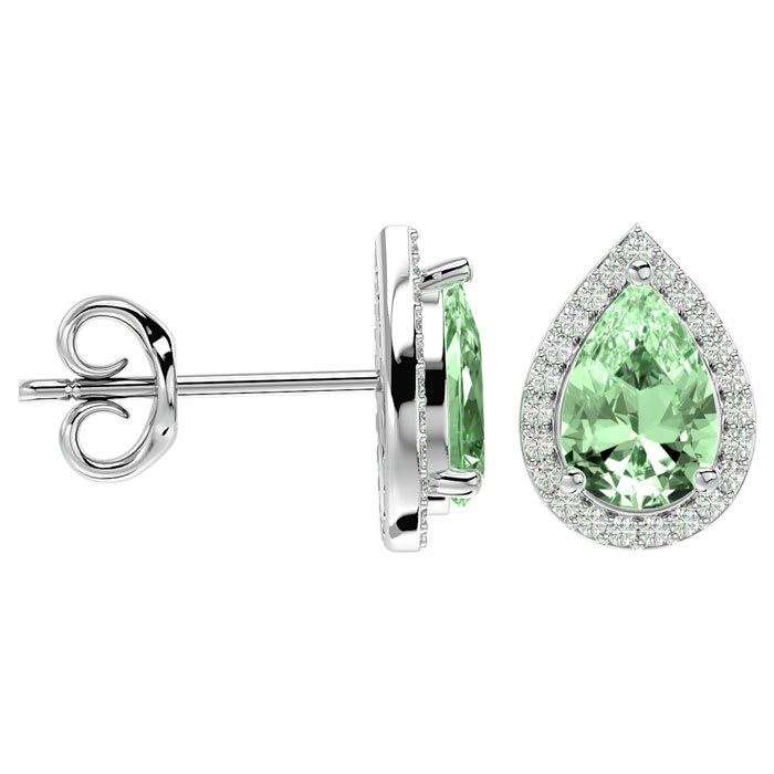 2 1/3 Carat Green Amethyst and Diamond Pear Shape Stud Earrings In 14 Karat White Gold 